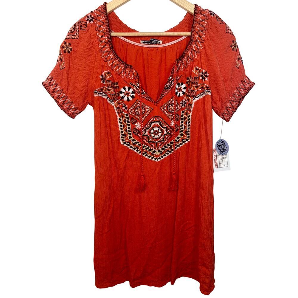 Abercrombie & Fitch Orange Short Sleeve Embroidered Boho Mini Dress Women Size S